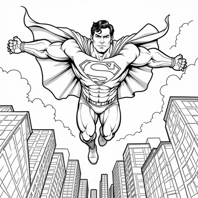 Superman Flying Above The City. Coloring Page