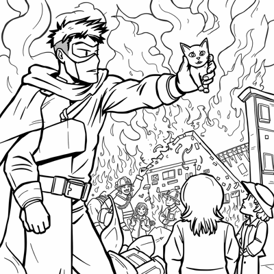 A Hero With A Mask Saving A Cat From Fire Coloring Page