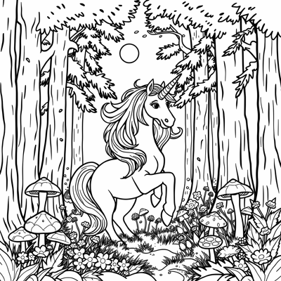 Forest With Unicorn Coloring Page