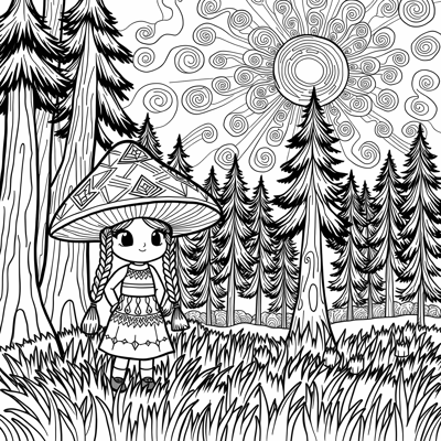 A Nordic Girl Standing On Grass Near A Mushroom... Coloring Page