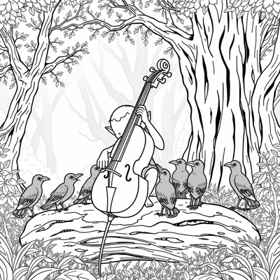 A Happy Small Goblin Playing A Large Cello... Coloring Page