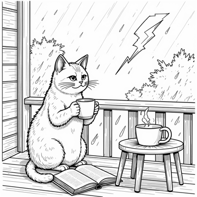 Grumpy Tabby Cat Drinking Coffee On His Front... Coloring Page