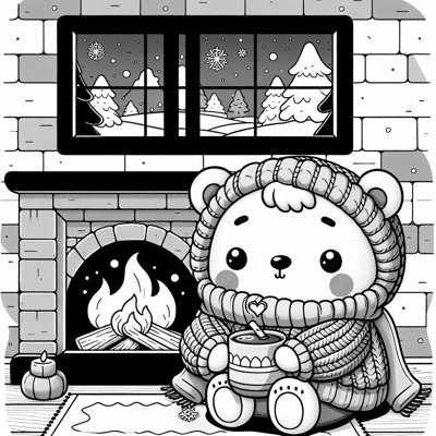 A Kawaii Bear In A Cozy Sweater Sipping Hot Cocoa... Coloring Page