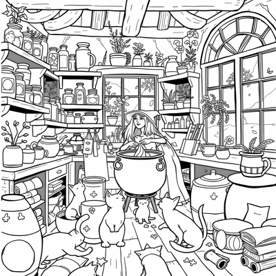 A Witch Making A Potion In Her Kitchen With Cats... Coloring Page