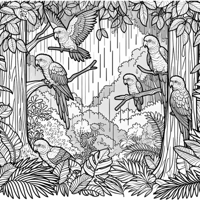 Green Cheek Conures In A Green Forest On A Rainy... Coloring Page