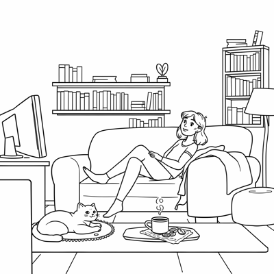 Easy Bold Woman On The Sofa Watching Tv And A... Coloring Page