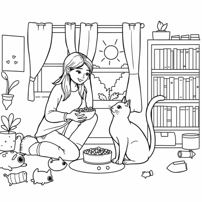 Kawaii Style Easy Bold A Woman Is Feeding Her Cat Coloring Page