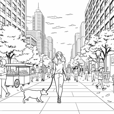 Easy Bold A Woman Walking The Dog That Is On A... Coloring Page