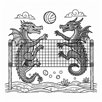 2 Dragons Playing Volleyball Over A Net Coloring Page