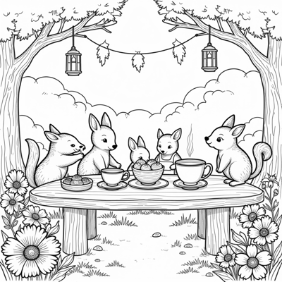 A Whimsical Tea Party Scene With Oversized Teacups... Coloring Page