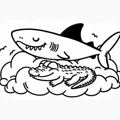 Shark With Alligator On The Cloud Coloring Page