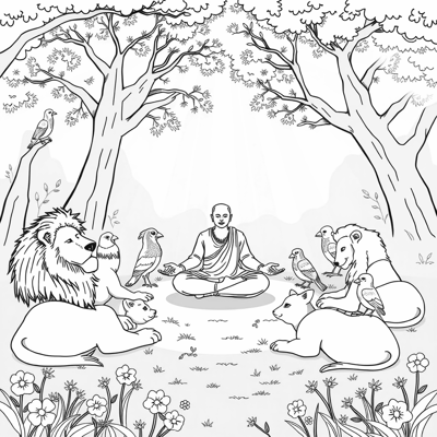 A Religious Scene Featuring A Figure In Prayer... Coloring Page