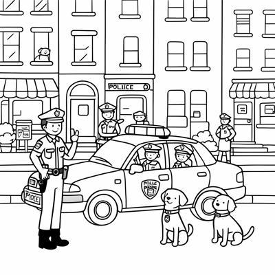 Police Car With A Police Boy Coloring Page