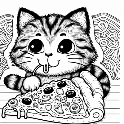 A Cat Eating Pizza Coloring Page