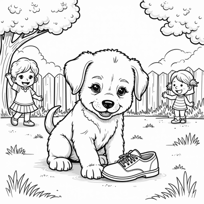 A Puppy Playing With A Shoe Coloring Page