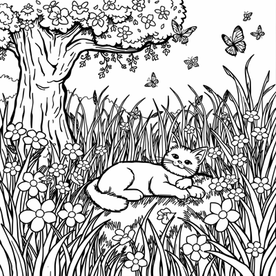 Cat In The Garden Coloring Page