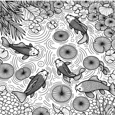 Koi Fish In A Pond With Lily Pads Taken From Above Coloring Page