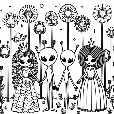 Field Of Flowers With Aliens And Princesses Coloring Page