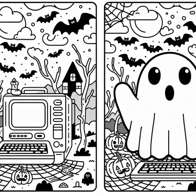 A Ghost On Halloween Holding A Computer Coloring Page