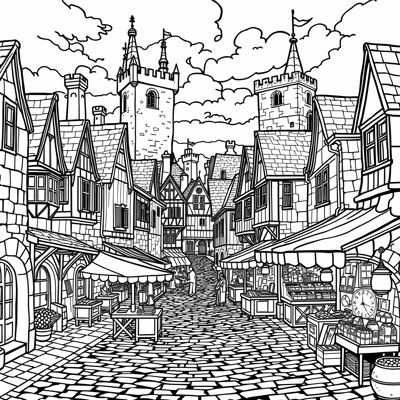 Create Medieval Town With Cobbled Streets Coloring Page