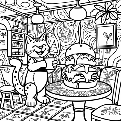 Mascot Cat Coffee Cafe Food Burger Coloring Page