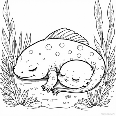 Realistic Sleeping Baby Axolotl With Its Mum Coloring Page