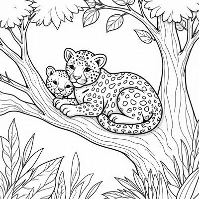 Sleeping Baby Jaguar In The Jungle In A Tree Make... Coloring Page