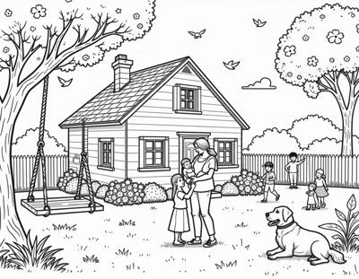 A House With A Baby And Mommy In Front. Coloring Page