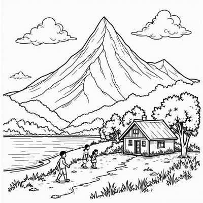 View Of The Mountain And The Village Coloring Page