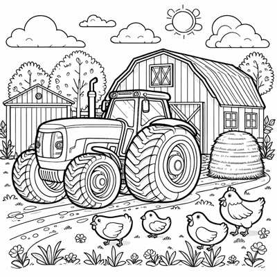 A Big Cheerful Tractor With Large Wheels Parked... Coloring Page