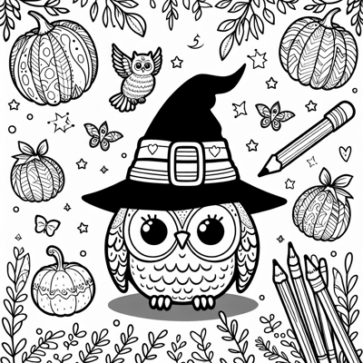 A Little Owl Wearing A Witch Hat Simple Image No... Coloring Page