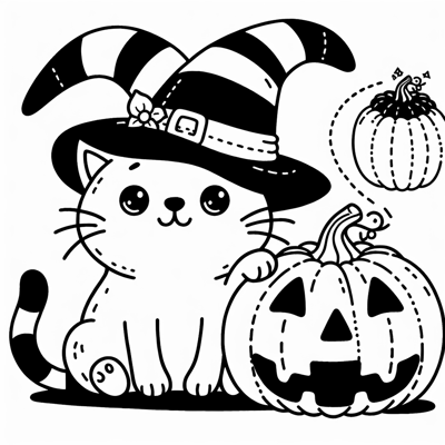 A Cat Wearing A Witch Hat Sitting On A Pumpkin Coloring Page