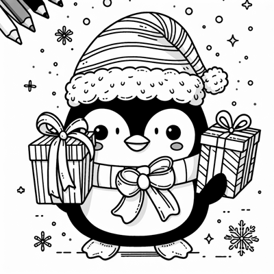 A Penguin With A Santa Hat And A Gift In Its... Coloring Page