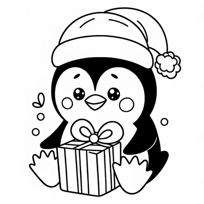 A Penguin With A Santa Hat And A Gift In Its... Coloring Page