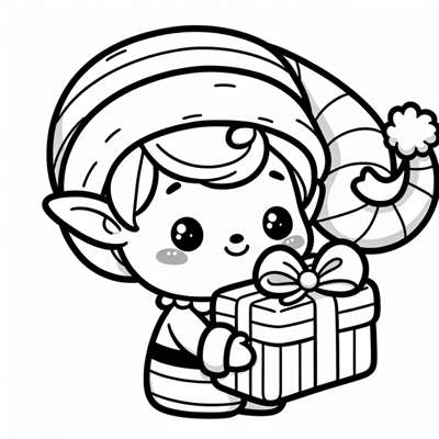A Cute Elf Wearing A Big Hat And Holding A Gift Coloring Page