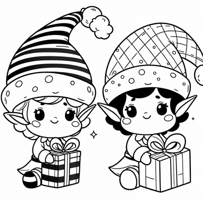 A Cute Elf Wearing A Big Hat And Holding A Gift Coloring Page
