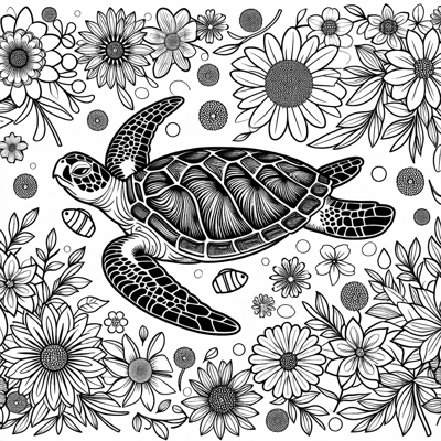 Sea Turtle Swimming With Flowers Coloring Page