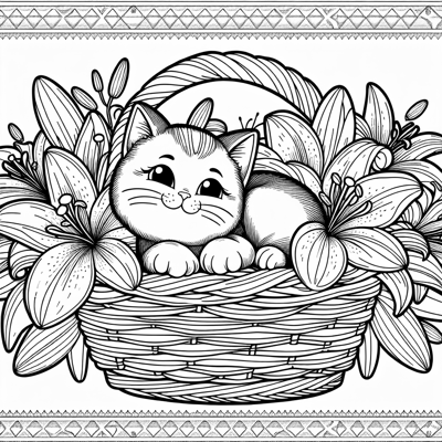 Cat In Basket Of Lilies Coloring Page