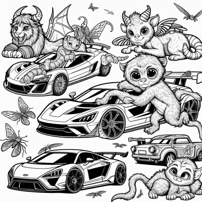 Cute Fantastic Beasts Driving Supercars Coloring Page