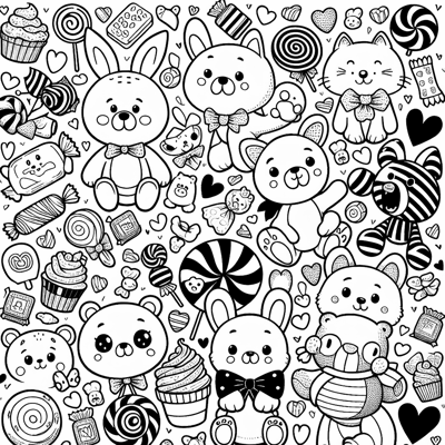 Many Little Cute Animals With Candies Coloring Page