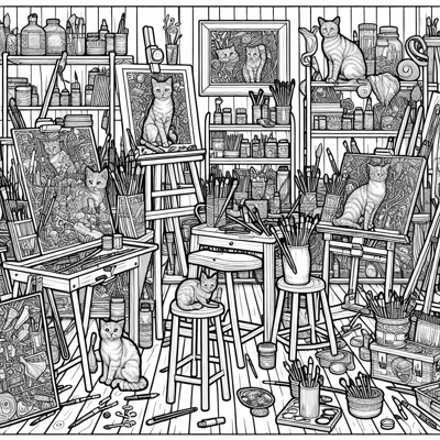 Hide 10 Cats In An Art Room Make Them Hard To Find... Coloring Page