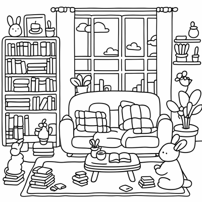 A Bunny Sitting On A Rug In A Cozy Living Room... Coloring Page