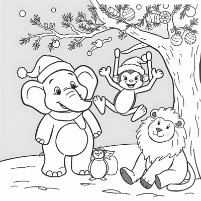Zoo Animals With Santa Hat Coloring Page