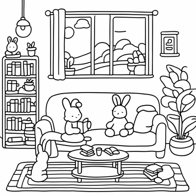 A Bunny Sitting On A Rug In A Cozy Living Room... Coloring Page