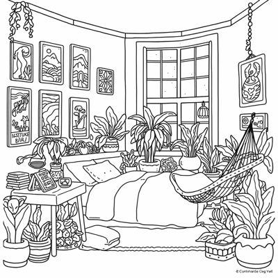 A Cozy Bedroom With Lots Of Plants Around Some... Coloring Page