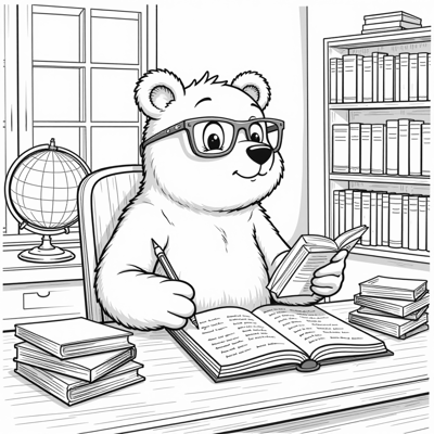 The Bespectacled Bear Holding A Book And Pencil In... Coloring Page
