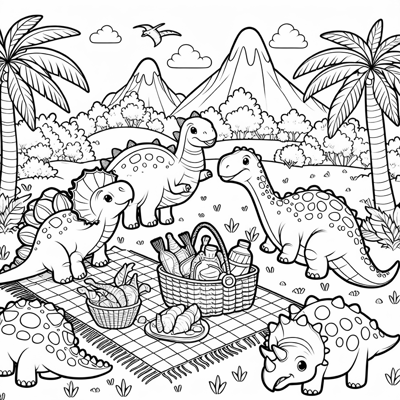 Dinosaur Picnic With Lots Of Dinosaurs Coloring Page