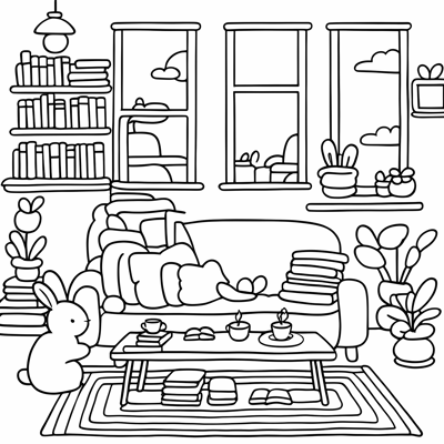 A Bunny Sitting On A Rug In A Cozy Living Room... Coloring Page