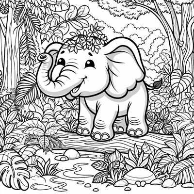 A Happy Elephant In The Jungle Coloring Page