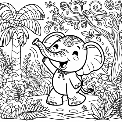A Happy Elephant In The Jungle Coloring Page